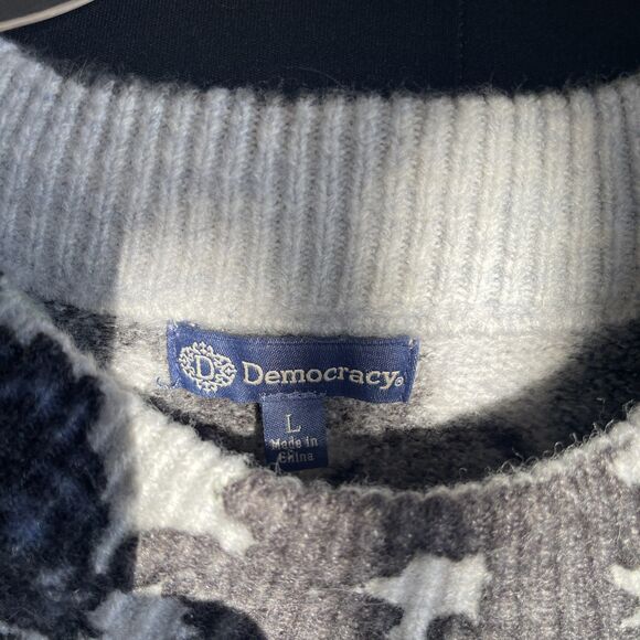 Democracy Gray Mohair Blend Pullover Blue Floral Long Bell Sleeve Sweater Large - Picture 2 of 9